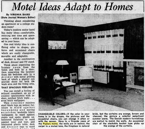 Poplars Motel (Clarion Pointe East, Inn America) - March 1960 Article On Interior Design